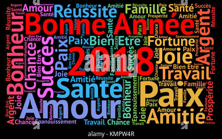 Happy New Year 2018 word cloud in French Stock Photo