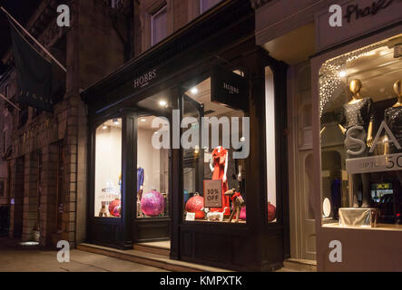 Pre-Christmas sales in Edinburgh's New Town. Hobbs, Phase 8 and Jigsaw shop fronts. George street shop windows and entrances. Scotland, UK. Stock Photo