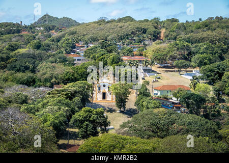 Aerial view of Vila dos Remedios and Nossa Senhora dos Remedios Church - Fernando de Noronha, Pernambuco, Brazil Stock Photo