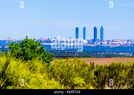 A long distance view of the four high towers in the north of Madrid from Pinar. Stock Photo