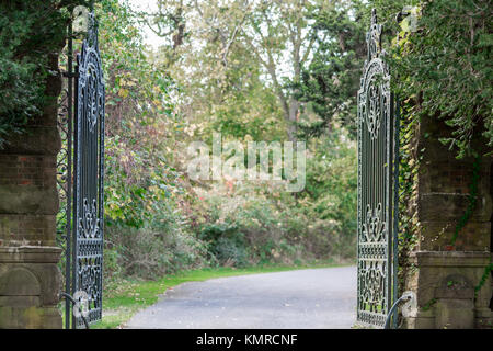 entrance gate and drive to wealthy home owners estate in Southampton, ny Stock Photo