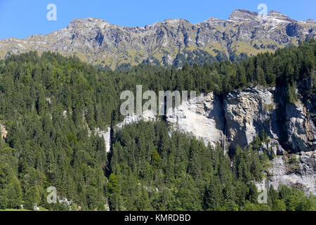Rocky mountains and woodland and a small waterfall flows out somewhere between the rocks Stock Photo