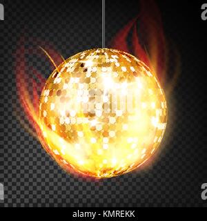 Gold Disco Ball Vector Realistic. Yellow Dance Night Club Ball In Burning Style Isolated On Transparent Background Illustration Stock Vector