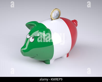 Piggy bank with Italian flag and one euro coin, 3D illustration Stock Photo