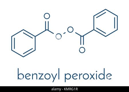 Benzoyl peroxide acne treatment drug molecule. Also used to dye hair and whiten teeth (bleaching). Skeletal formula. Stock Vector