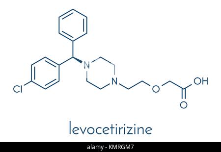 Levocetirizine antihistamine drug molecule. Used to treat hay fever, urticaria and allergies. Skeletal formula. Stock Vector