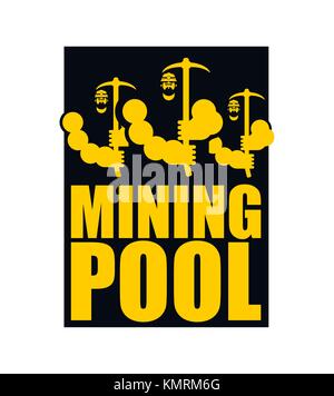 Mining pool logo. Extraction of Bitcoin Crypto Currencies. Worker with pickaxe. Vector illustration Stock Vector