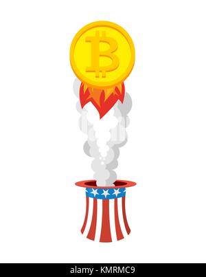 Bitcoin rocket. flies out of hat of Uncle Sam. Growth of price of crypto currency. Witcher illustration Stock Vector
