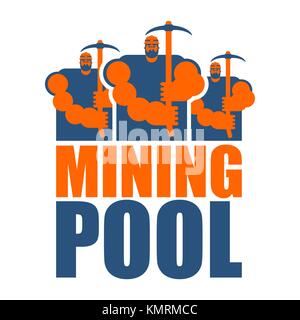 Mining pool logo. Extraction of Bitcoin Crypto Currencies. Worker with pickaxe. Vector illustration Stock Vector