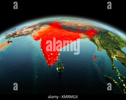 Morning above India highlighted in red on model of planet Earth in space. 3D illustration. Elements of this image furnished by NASA. Stock Photo