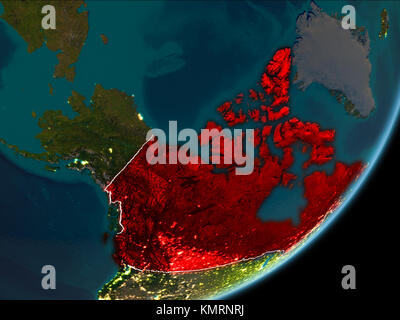 Canada as seen from Earth’s orbit on planet Earth at night highlighted in red with visible borders and city lights. 3D illustration. Elements of this  Stock Photo