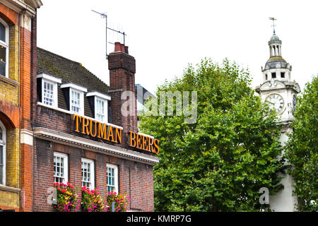 Exterior of The Bancroft Arms pub with 'Truman Beers' written on the facade, London, UK Stock Photo