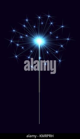 Vector Bengal Sparkler. Bengal Candle with Bright Blue Sparkler on the Dark Background Stock Vector