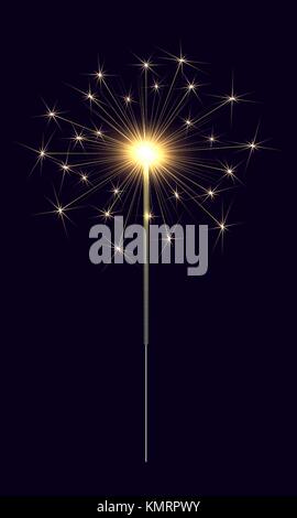 Vector Bengal Sparkler. Bengal Candle with Bright Yellow Sparkler on the Dark Background Stock Vector