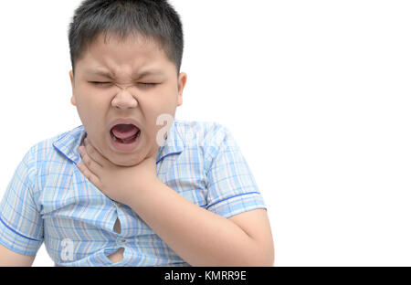 Sick obese boy is coughing and throat infection isolated on white background, health care concept Stock Photo