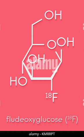 Fludeoxyglucose 18F (fluorodeoxyglucose 18F, FDG) cancer imaging diagnostic drug molecule. Contains radioactive isotope fluorine-18. Skeletal formula. Stock Photo