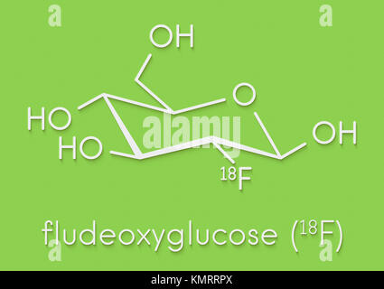 Fludeoxyglucose 18F (fluorodeoxyglucose 18F, FDG) cancer imaging diagnostic drug molecule. Contains radioactive isotope fluorine-18. Skeletal formula. Stock Photo