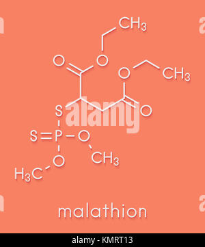 Malathion insecticide molecule. Used to treat head lice, body lice, scabies and in agriculture. Skeletal formula. Stock Photo