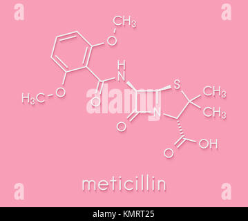 Meticillin antibiotic drug (beta-lactam class) molecule. MRSA stands for Methicillin-resistant staphylococcus aureus. Skeletal formula. Stock Photo