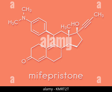 Mifepristone abortion inducing drug molecule. Also used as emergency contraceptive agent. Skeletal formula. Stock Photo