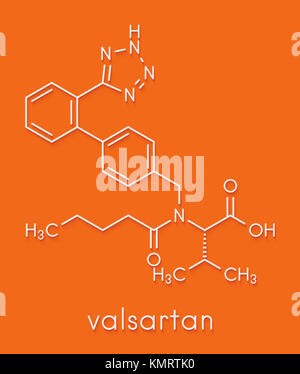 Valsartan high blood pressure (hypertension) drug. Inhibitor of angiotensin II receptor. Skeletal formula. Stock Photo