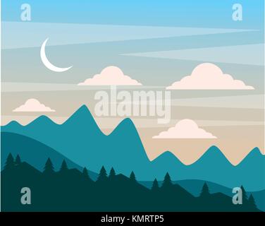 night hills landscape mountains trees and moon clouds sky Stock Vector