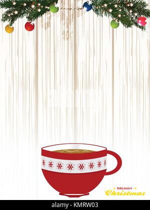 Christmas Decorated Red Coffee Cup Over Shaded Wood Background with Pine Tree Branches and Baubles Stock Vector