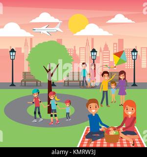 differents family activities in the park city sunny day Stock Vector