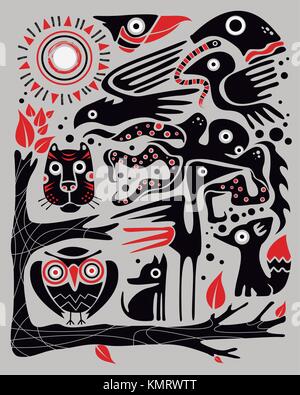 Vector illustration of different animals in an indigenous ethnic style Stock Vector