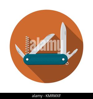 Flat design modern vector illustration of multifunctional pocket knife icon, camping and hiking equipment with long shadow. Stock Vector
