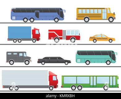 Flat design vector illustration city Transportation Flat Icons. Trucks, Bus, taxi, limo, fire truck, and school bus. Stock Vector