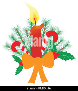 Christmas candles with a large ribbon bow candy canes holly berry pine tree branches isolated on white background. Red yellow and orange. Traditional  Stock Photo