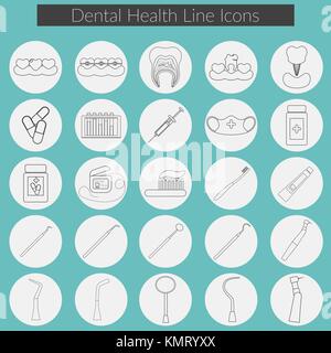 Dental care line icons Vector set with Dental floss, teeth, mouth, tooth paste and brush, medicine, syringe and dentist instruments. Stock Vector
