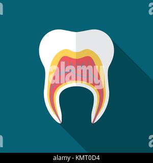 Flat design modern vector illustration of tooth icon with long shadow. Stock Vector