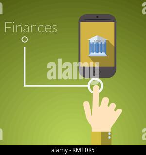 Flat design vector illustration concept for online services. Concepts for hand touching smart phones with bank, text sign finances Stock Vector