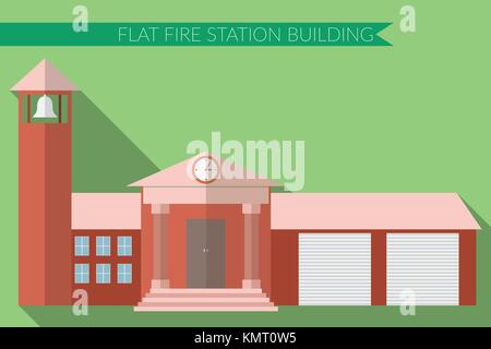 Flat design modern vector illustration of fire station building icon, with long shadow on color background. Stock Vector
