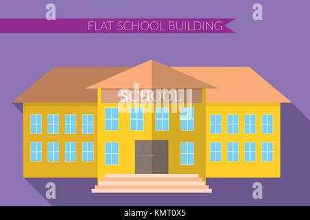 Flat design modern vector illustration of school building icon set, with long shadow on color background. Stock Vector