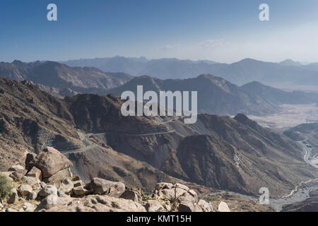 Al Hada Mountain in Taif City, Saudi Arabia with Beautiful View of Mountains and Al Hada road inbetween the mountains. Stock Photo