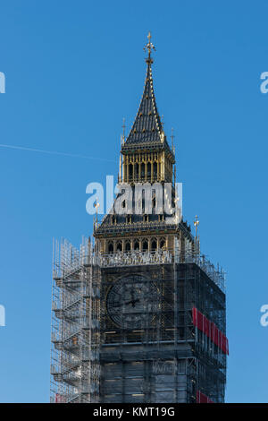 LONDON, UK - October 17th, 2017: close up of Scaffolding around the Elizabeth Tower, more commonly known as Big Ben, during the extensive restoration and repairs of the Houses of Parliament. Stock Photo