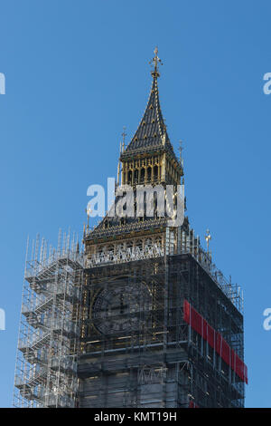 LONDON, UK - October 17th, 2017: close up of Scaffolding around the Elizabeth Tower, more commonly known as Big Ben, during the extensive restoration and repairs of the Houses of Parliament. Stock Photo