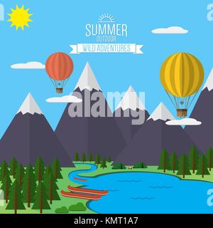 Mountains with forest and river trail landscape flat vector illustration, for camping and hiking, Extreme sports, rafting and hot air baloons outdoor  Stock Vector
