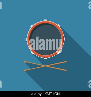 Flat design vector drum and drum sticks icon with long shadow. Stock Vector
