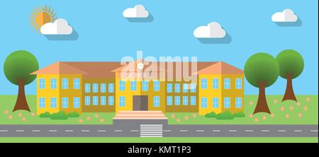 Flat design vector illustration of school building and parked school ...