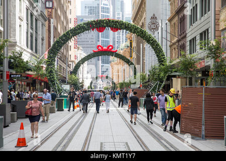 The first section of the Sydney CBD light rail is completed along george street allowing pedestrians to walk the road,Sydney Stock Photo