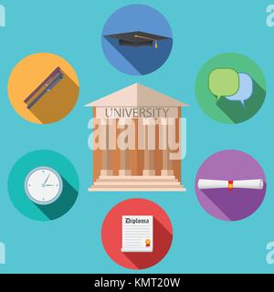 Flat design vector illustration concept for University building education icons set in flat design style, vector illustration. Includes graduation hat Stock Vector
