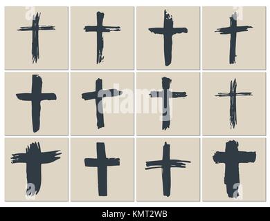 Grunge hand drawn cross symbols set. Christian crosses, religious signs icons, crucifix symbol vector illustration Stock Vector
