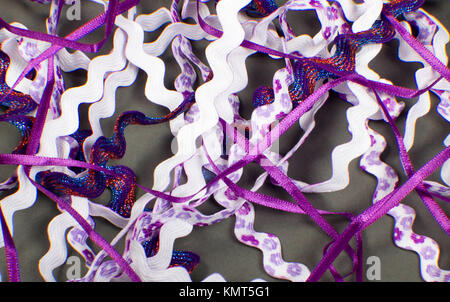 close up texture of rick rack fabric in various colors of rainbow, purple, blue, white, pink, red laying in a cluster Stock Photo