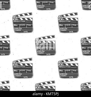 Clapperboard seamless pattern, vintage handdrawn sketch, retro movie industry, vector illustration. Stock Vector