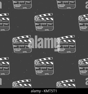 Clapperboard seamless pattern, vintage handdrawn sketch, retro movie industry, vector illustration. Stock Vector