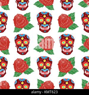 Day of the Dead seamless pattern, handdrawn sugar skulls and roses background, vector illustration. Stock Vector